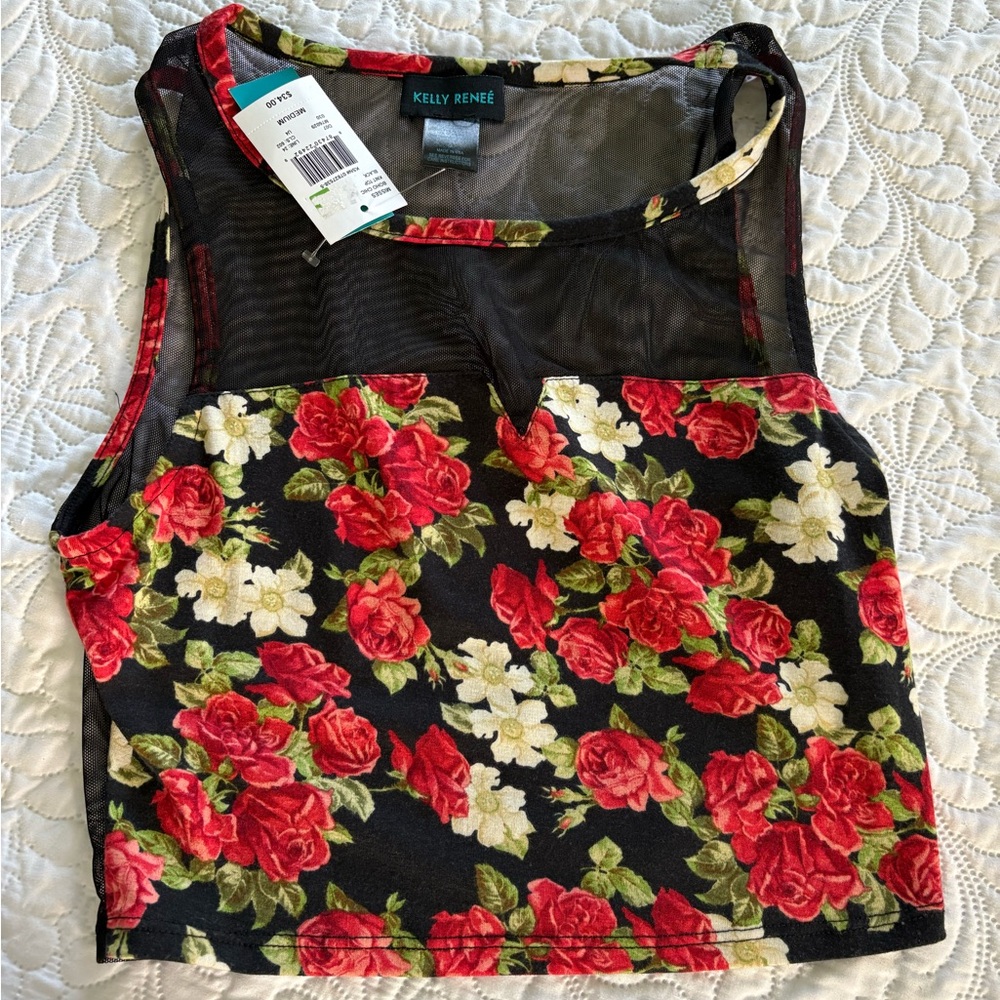 NEW Kelly Renee Floral sleeveless Crop Top Black Red mesh back size medium